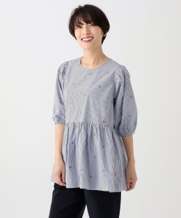 ストライプ刺繍切替ブラウス/MAISON SAJOU