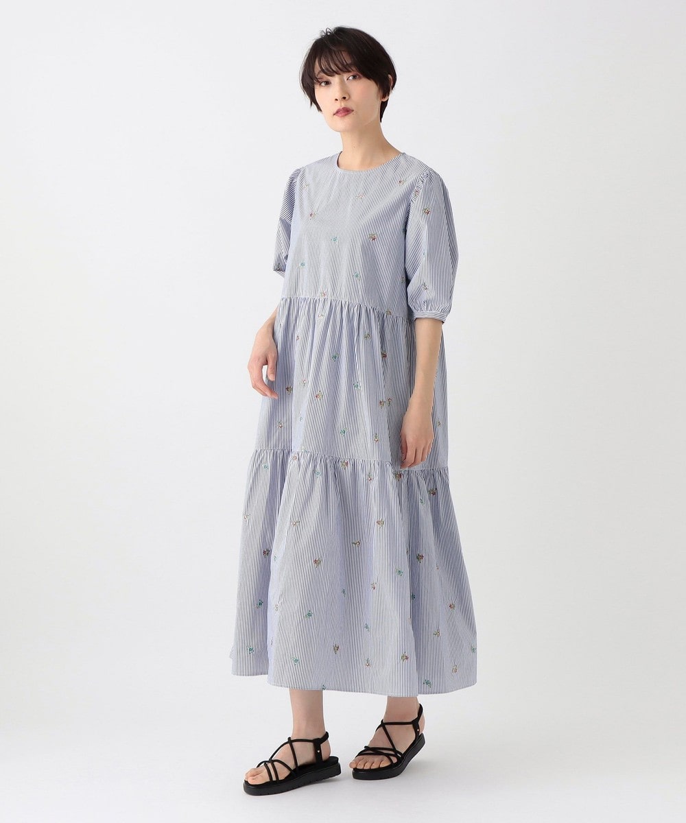 ストライプ刺繍ティアードワンピース/MAISON SAJOU