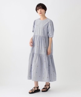 ストライプ刺繍ティアードワンピース/MAISON SAJOU