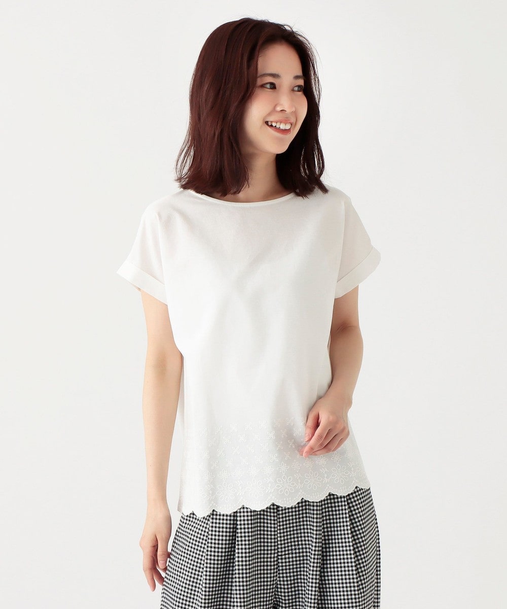 Tシャツ・カットソー 刺繍コンビフレンチスリーブプルオーバー