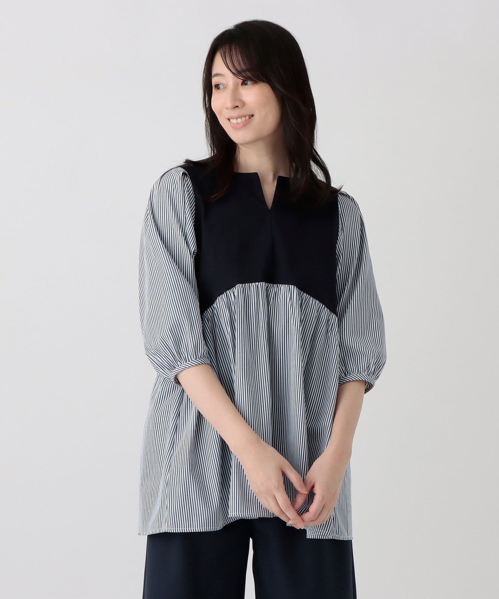 Tシャツ・カットソー ストライプ布帛コンビギャザープルオーバー