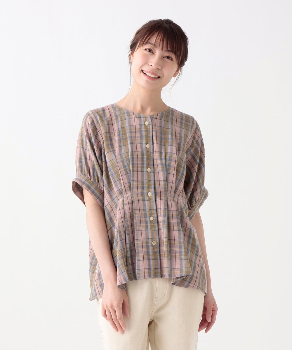 シャツ・ブラウス チェックコットンガーゼウエストタックブラウス