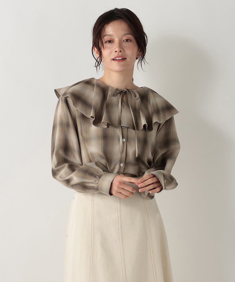 シャツ・ブラウス オンブレチェックフリルカラーブラウス