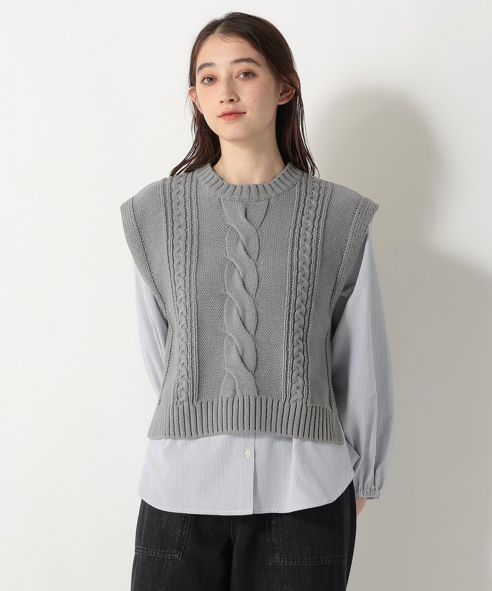 ニット ケーブルニットベスト&ストライプブラウスセット