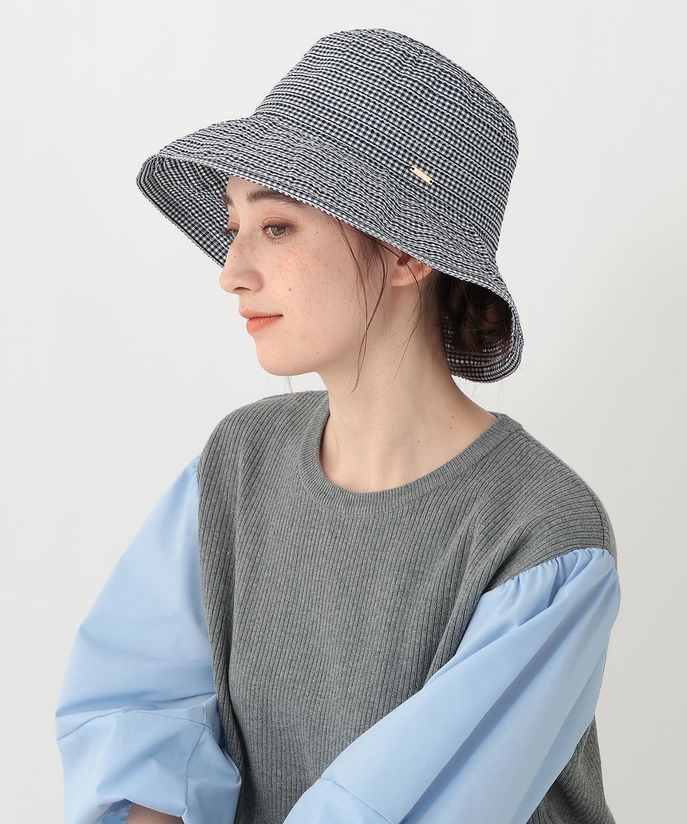 帽子 ギンガムチェックグログランツバ広UVハット
