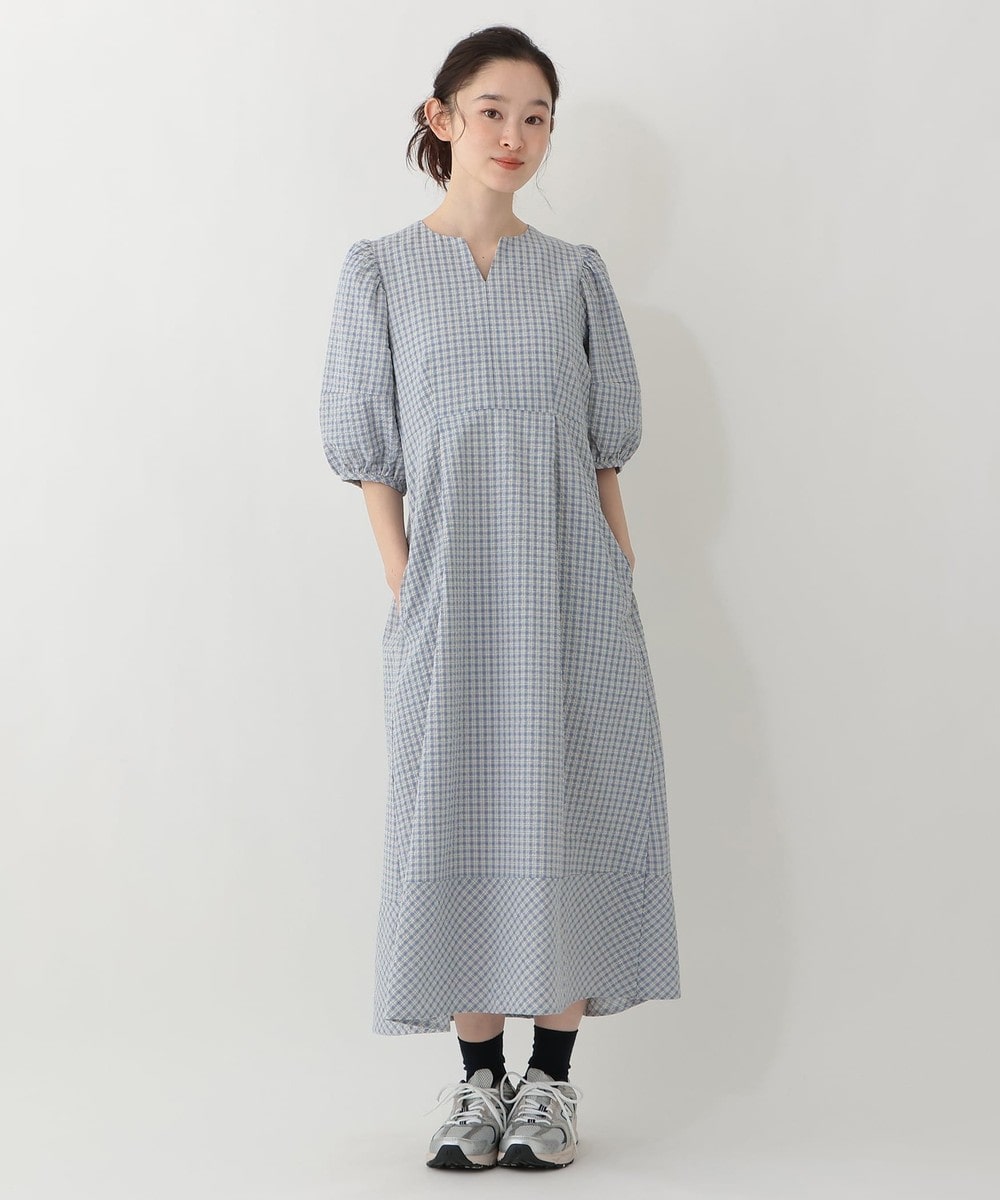 ワンピース ギンガムチェックサッカーパフスリーブワンピース