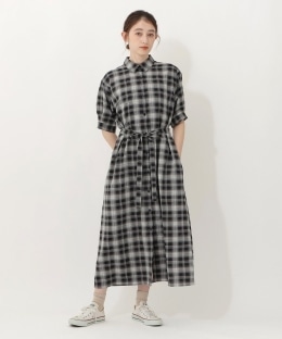 チェック麻調シャツワンピース