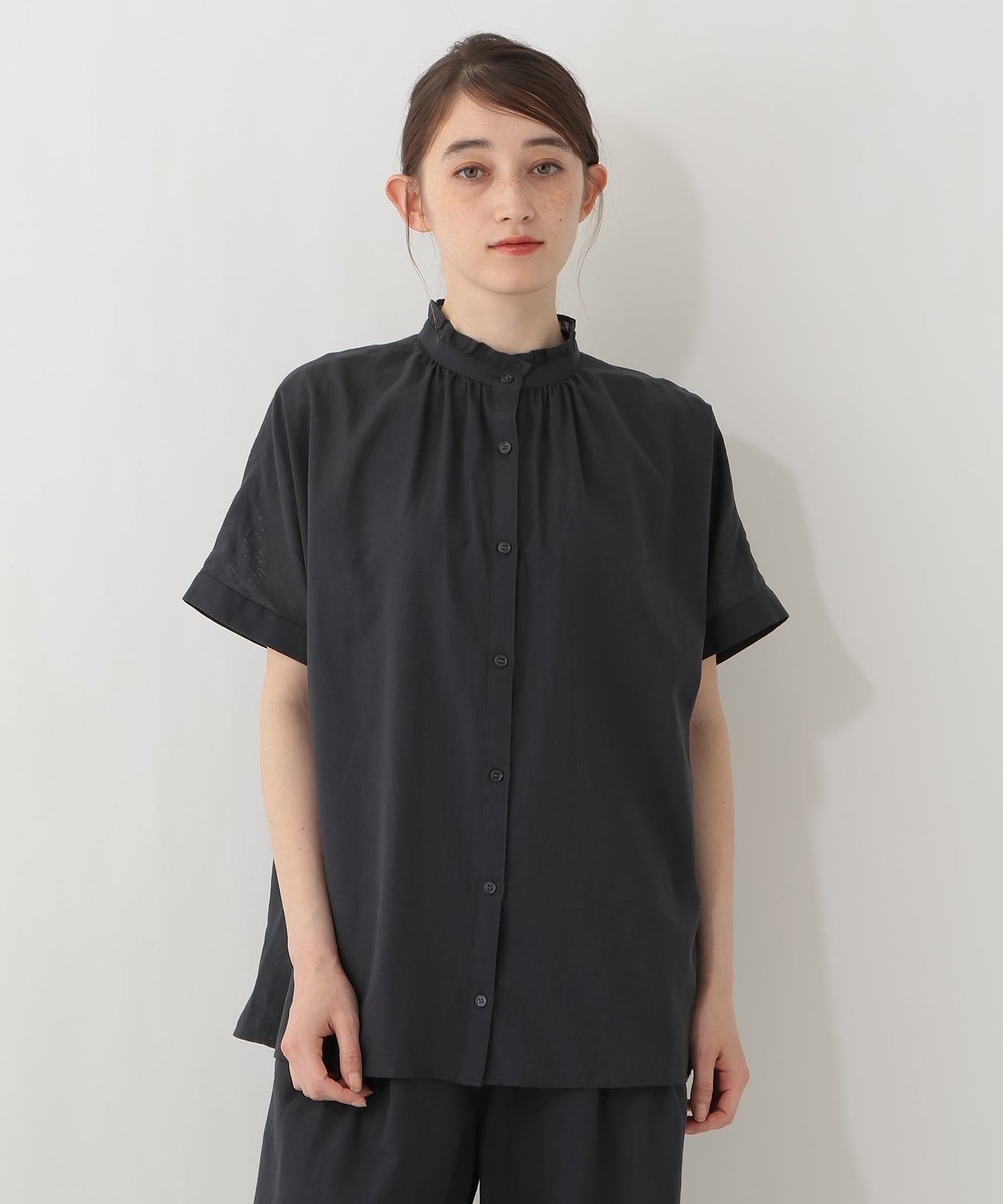 ハンドメイド　リネン　2wayちびフリルブラウス　ブラックダンガリー コットンリネンダンガリーフリルシャツ｜nest Robe / CONFECT ONLINE SHOP