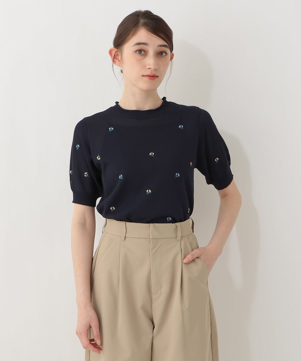 ニット 小花刺繍半袖プルオーバー