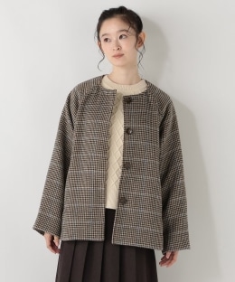 シャギーチェックノーカラーショートコート