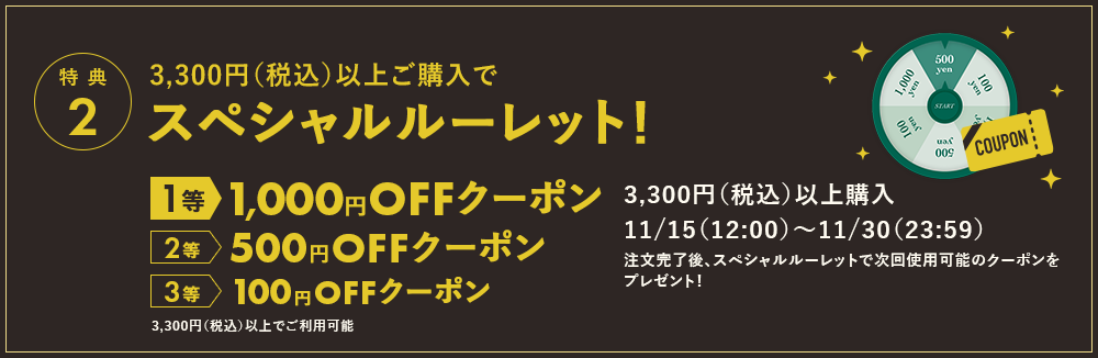 特典2 3,300円（税込）以上ご購入でスペシャルルーレット！ 1等1,000円OFFクーポン 2等500円OFFクーポン 3等100円OFFクーポン 11/15(12:00)～11/30(23:59) クーポン取得はこちら