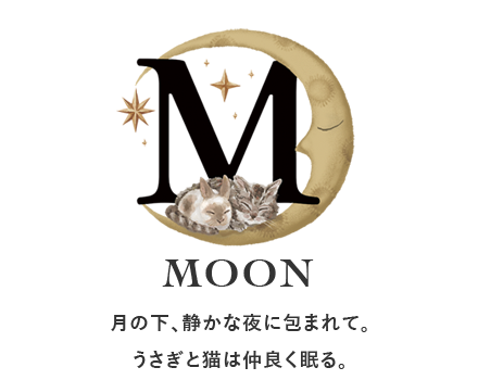 月の下、静かな夜に包まれて。うさぎと猫は仲良く眠る。